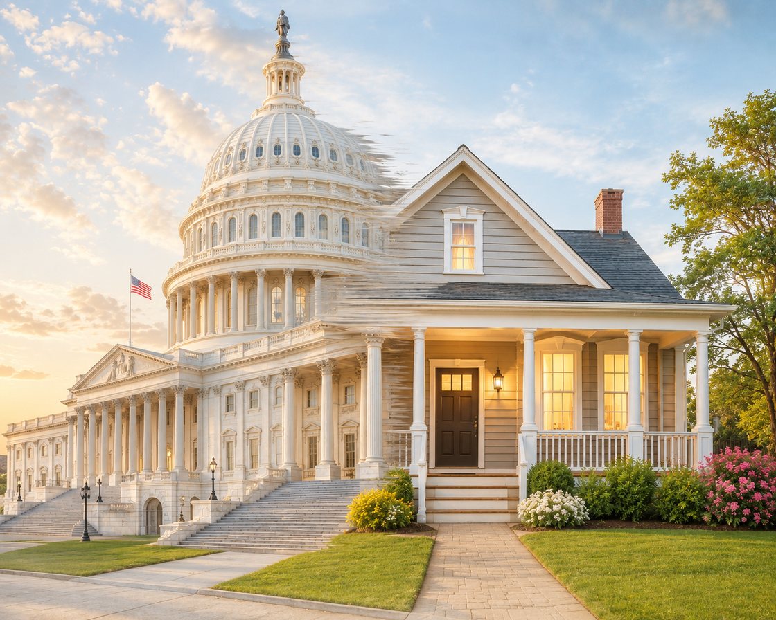 A U.S. Capitol dome merging into the front porch of an ordinary family home at golden hour.
