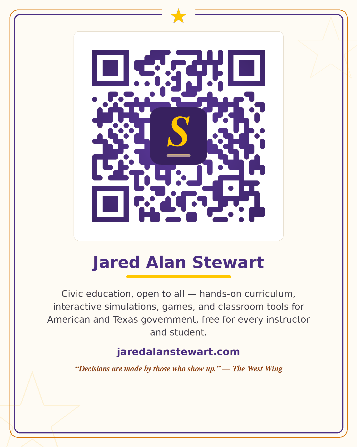 Scannable QR card linking to jaredalanstewart.com