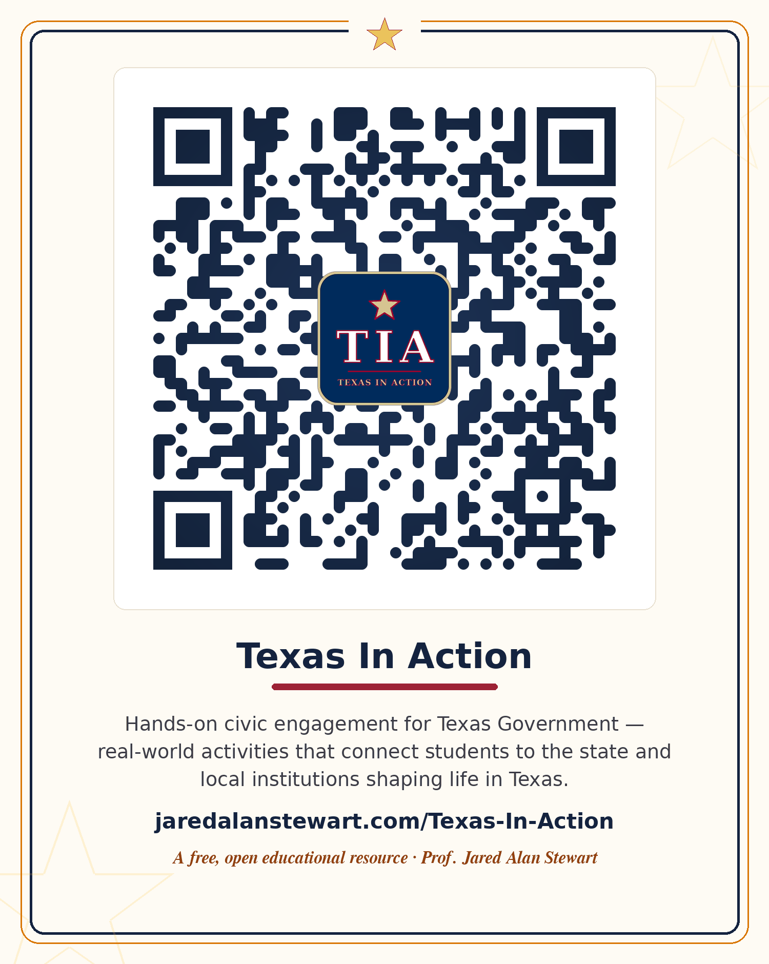 Scannable QR card linking to Texas In Action